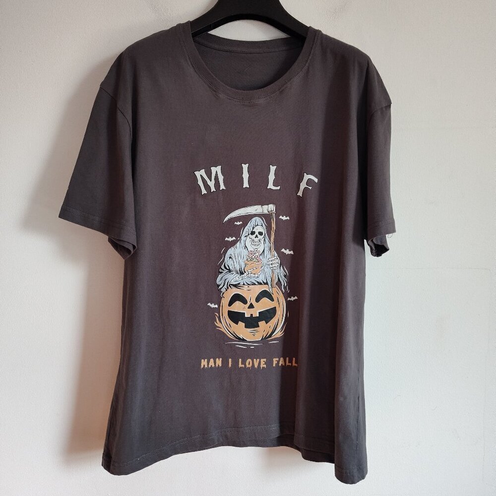 Ladies SZ L Grey Man I Love Fall Graphic T-Shirt